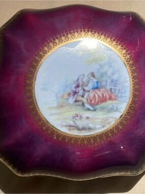 Limoges French Porcelain Keepsake Trinket Decorative Plum Pastoral Scene Box